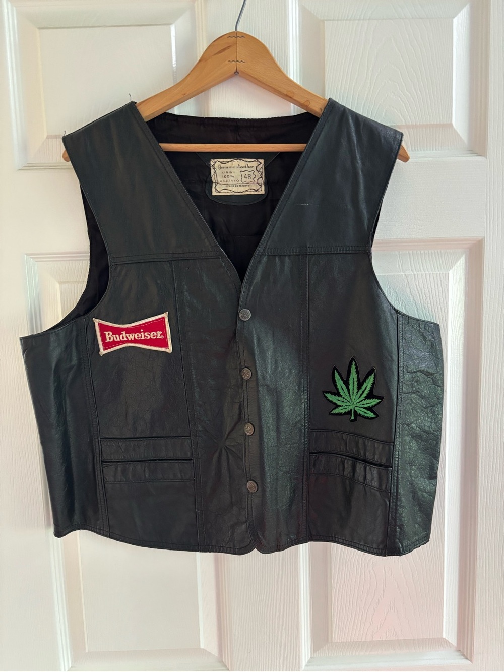 Vintage Leather Biker Vest- Patches Budweiser Weed AC/DC Grateful Dead